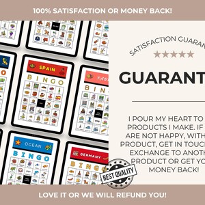 May include: Multiple tablets displaying Bingo games with various themes like US States, Spain, and Ocean. Each game board features colorful illustrations and the word "BINGO" in bold letters. The image includes text that says "100% Satisfaction or Money Back!" and "Guarantee".