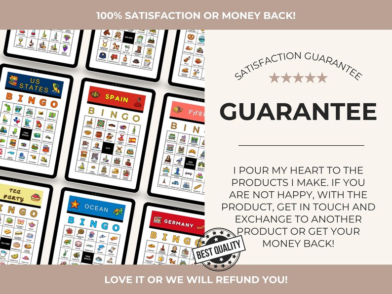 May include: Multiple tablets displaying Bingo games with various themes like US States, Spain, and Ocean. Each game board features colorful illustrations and the word "BINGO" in bold letters. The image includes text that says "100% Satisfaction or Money Back!" and "Guarantee".