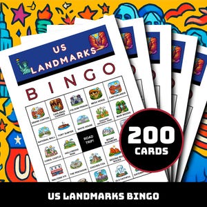 May include: A stack of US Landmarks Bingo cards with a colorful illustrated background. The cards feature images of famous landmarks like the Grand Canyon and the White House. A circular graphic indicates there are 200 cards.