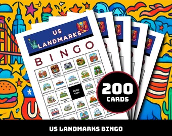 US Wahrzeichen Bingo Spiel - 200 druckbare Karten mit 40 bekannten Orten | Geographie lernen für Klassenzimmer, Homeschool, Familienspaß, Reisestudie