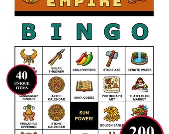 Aztec Empire Bingo Spiel - 200 druckbare Karten mit 40 historischen Momenten | Antikes Lernen für Klassenzimmer, Homeschool, Familienspaß & Weltstudie