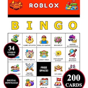 以下が含まれることがあります： 200枚のカードと34個のユニークなアイテムを備えたRobloxビンゴゲームカードセット。ゲームには、「Roblox」、「Bingo」などのカラフルなイラストとテキスト、およびさまざまなゲーム関連のアイコンが表示されます。デジタルダウンロード。