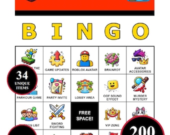 Roblox Bingo Spiel - 200 Printable Karten mit 34 Iconic Moments | Gaming Party für Roblox Geburtstage, Bloxy Bingo Fans, Virtuelle Welt Treffen