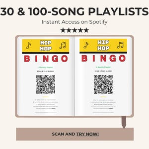 May include: An open book displaying Hip Hop Bingo game pages with yellow headers, red text, and black musical note icons. Each page features a Spotify QR code, instructions to scan and play along, and five black stars at the top. Text reads 30 & 100-SONG PLAYLISTS.