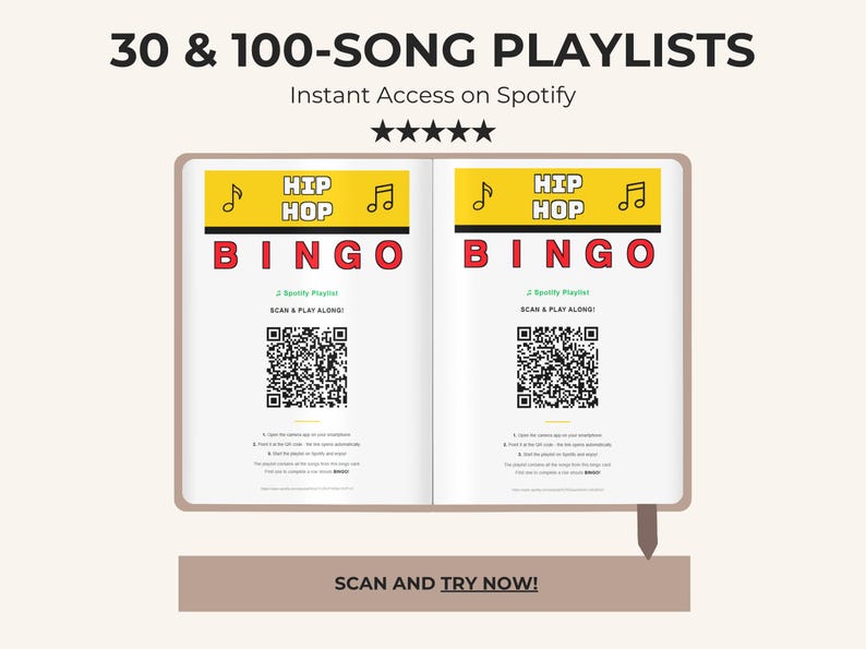 May include: An open book displaying Hip Hop Bingo game pages with yellow headers, red text, and black musical note icons. Each page features a Spotify QR code, instructions to scan and play along, and five black stars at the top. Text reads 30 & 100-SONG PLAYLISTS.