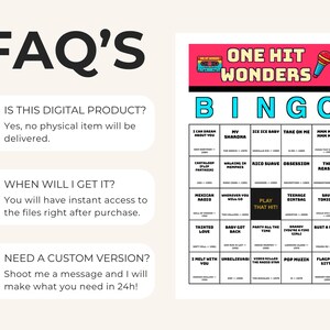 Puede incluir: Un juego de bingo digital titulado "One Hit Wonders Bingo" con una cinta de cassette retro y un gr&aacute;fico de micr&oacute;fono. El juego incluye una cuadr&iacute;cula de t&iacute;tulos de canciones y el texto "FAQ'S" con respuestas a preguntas comunes.