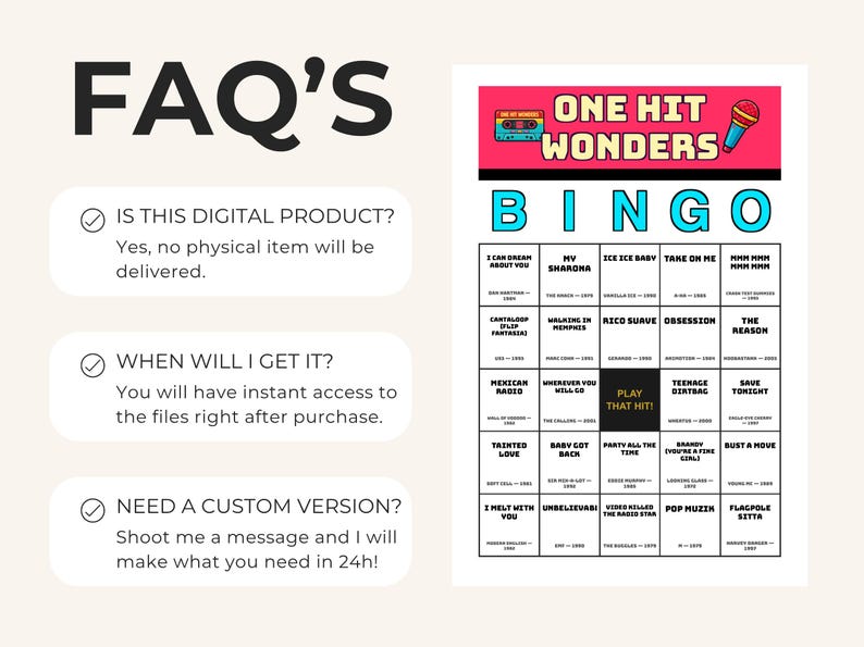 Puede incluir: Un juego de bingo digital titulado "One Hit Wonders Bingo" con una cinta de cassette retro y un gr&aacute;fico de micr&oacute;fono. El juego incluye una cuadr&iacute;cula de t&iacute;tulos de canciones y el texto "FAQ'S" con respuestas a preguntas comunes.