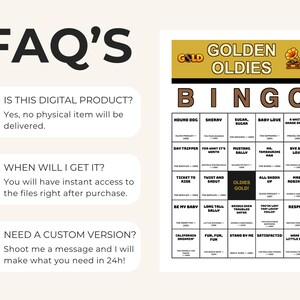 May include: A digital Golden Oldies Bingo game card featuring a gold header with a gramophone icon and a grid of song titles and artists. The FAQ section lists information about the digital nature of the product, delivery, and custom requests.