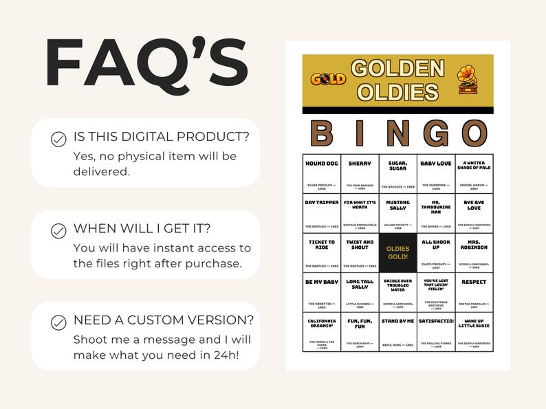 May include: A digital Golden Oldies Bingo game card featuring a gold header with a gramophone icon and a grid of song titles and artists. The FAQ section lists information about the digital nature of the product, delivery, and custom requests.