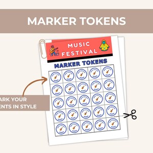 Peut inclure: Une feuille de &laquo;&nbsp;Jetons marqueurs&nbsp;&raquo; pour un festival de musique, avec un motif de guitares et le texte &laquo;&nbsp;Music Festival Bingo&nbsp;&raquo;. La feuille est maintenue par un trombone et porte le texte &laquo;&nbsp;Marquez vos moments avec style&nbsp;&raquo;.