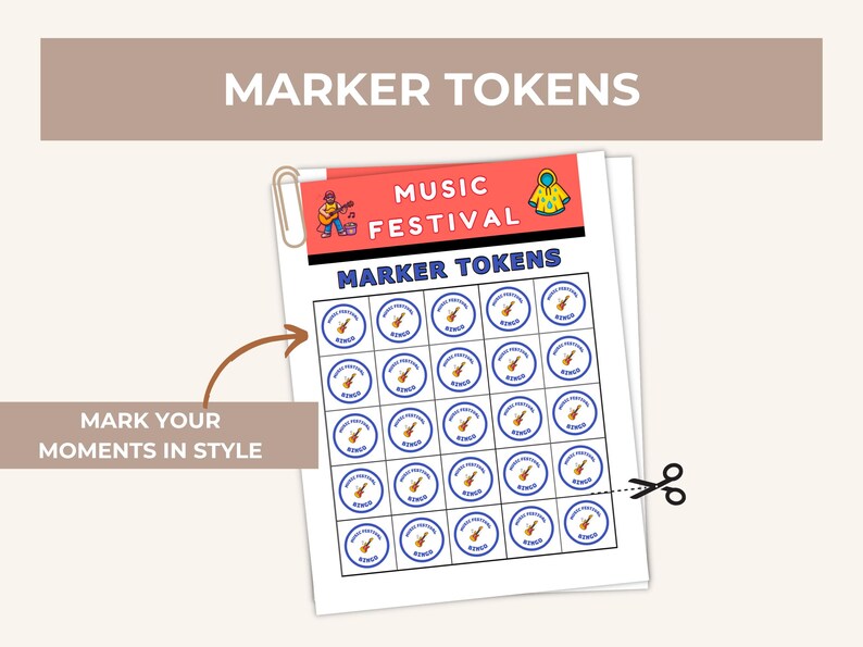 Peut inclure: Une feuille de &laquo;&nbsp;Jetons marqueurs&nbsp;&raquo; pour un festival de musique, avec un motif de guitares et le texte &laquo;&nbsp;Music Festival Bingo&nbsp;&raquo;. La feuille est maintenue par un trombone et porte le texte &laquo;&nbsp;Marquez vos moments avec style&nbsp;&raquo;.