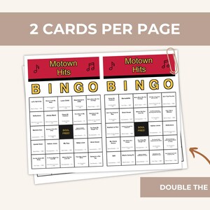 May include: Two Motown Hits Bingo cards with musical notes and the word "BINGO" in large letters. The cards have a red header and are held together with a silver paper clip. The text "2 CARDS PER PAGE" and "DOUBLE THE FUN!" are also visible.