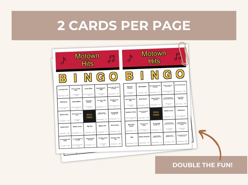 May include: Two Motown Hits Bingo cards with musical notes and the word "BINGO" in large letters. The cards have a red header and are held together with a silver paper clip. The text "2 CARDS PER PAGE" and "DOUBLE THE FUN!" are also visible.