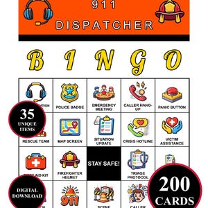 911 Dispatcher Bingospel – 200 utskrivbara kort med 50 ikoniska ögonblick | Dispatch-teamfest för skiftbyte, utbildningsdag, första hjälpen-dag