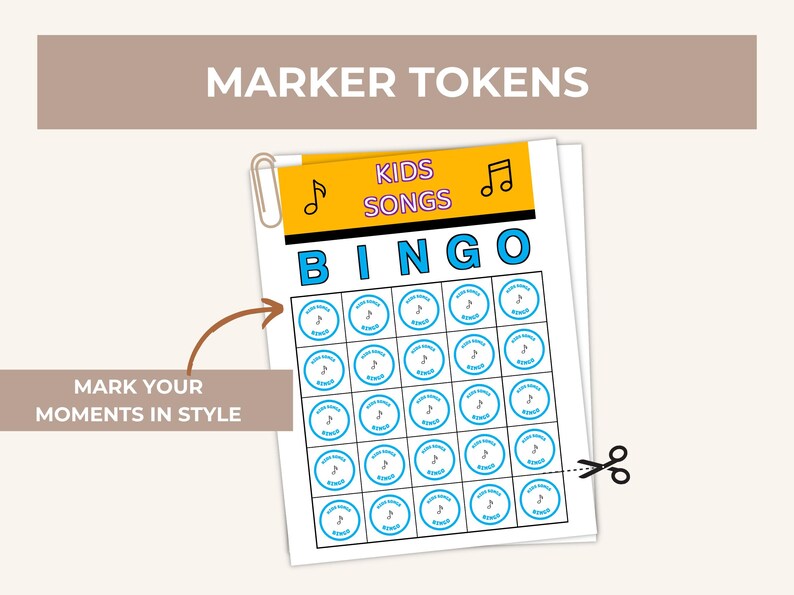 Puede incluir: Una hoja de tarjetas de Bingo de canciones infantiles con un tema de notas musicales. La palabra "BINGO" est&aacute; en azul, y la pancarta superior dice "KIDS SONGS". La imagen incluye el texto "MARK YOUR MOMENTS IN STYLE".