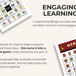 May include: Two Bingo game sheets are displayed, one with the text "Wine Bingo" and the other with various illustrated icons. The text "Engaging Learning" is at the top. The image also includes the text "I created this Bingo to make everyday activities more fun and engaging."