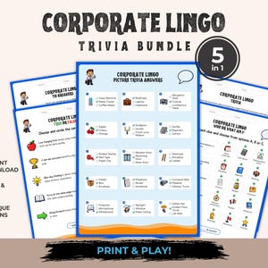 Może przedstawiać: Zestaw ciekawostek Corporate Lingo zawierający pięć arkuszy do druku z niebieskimi obramowaniami. Strony zawierają tekst i kolorowe ikony do gier typu trivia zatytułowanych Corporate Lingo, True or False oraz Picture Trivia Answers.