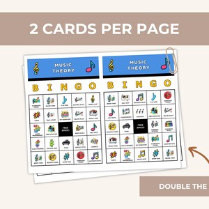 May include: Two Music Theory Bingo cards with musical symbols and terms. Each card has a blue header with the words "MUSIC THEORY" and a musical note. The cards are held together with a silver paper clip. The text "2 CARDS PER PAGE" and "DOUBLE THE FUN!" are also visible.