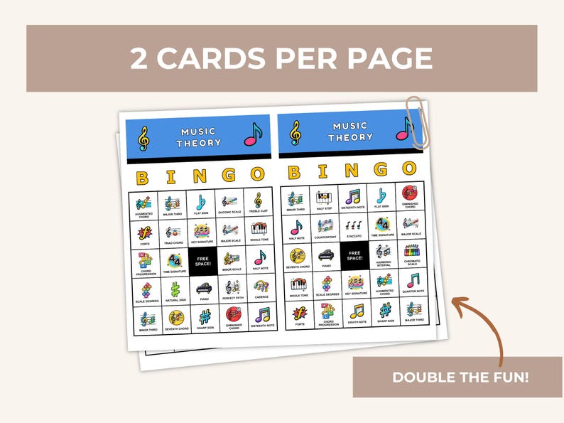 May include: Two Music Theory Bingo cards with musical symbols and terms. Each card has a blue header with the words "MUSIC THEORY" and a musical note. The cards are held together with a silver paper clip. The text "2 CARDS PER PAGE" and "DOUBLE THE FUN!" are also visible.