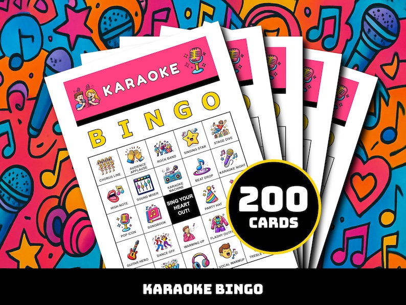 Może przedstawiać: Karty do gry w Karaoke Bingo w r&oacute;żowo-białym wzorze. Karty zawierają ilustracje element&oacute;w muzycznych i tekst "Karaoke Bingo". Czarny okrąg wyświetla "200 Kart". Tło to kolorowy wz&oacute;r nut i mikrofon&oacute;w.