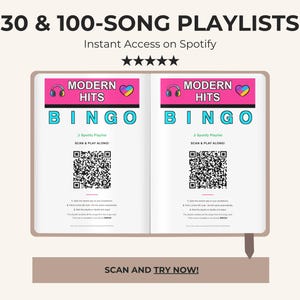 May include: An open book displaying two identical pages for a Modern Hits Bingo game. Each page features a pink header with headphones and a heart icon, the word BINGO in blue, a QR code, and instructions to scan and play along on Spotify.