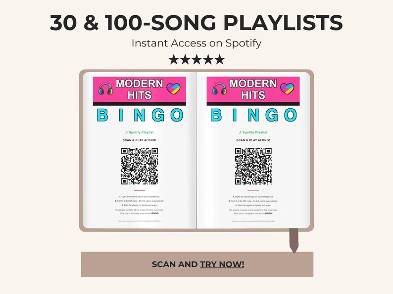 May include: An open book displaying two identical pages for a Modern Hits Bingo game. Each page features a pink header with headphones and a heart icon, the word BINGO in blue, a QR code, and instructions to scan and play along on Spotify.
