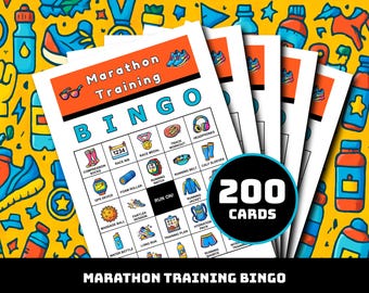 Marathon Training Bingo Spiel - 200 druckbare Karten mit 40 Laufmomenten | Fitness-Lernen für Klassenzimmer, Clubs, Familienspaß & Rennvorbereitung