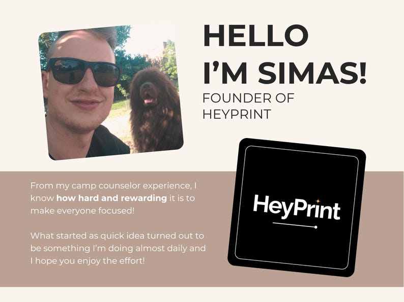 May include: Image featuring a man with sunglasses and a dog, along with the text "HELLO I'M SIMAS! FOUNDER OF HEYPRINT." A black square with the HeyPrint logo is also present. The text below describes the founder's experience.