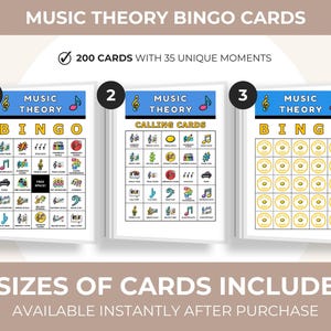 May include: Music theory bingo cards with 200 cards and 35 unique moments. The cards feature musical symbols and terms. The text on the cards reads "Music Theory Bingo" and "Calling Cards". Two sizes of cards are included.