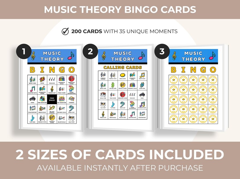 May include: Music theory bingo cards with 200 cards and 35 unique moments. The cards feature musical symbols and terms. The text on the cards reads "Music Theory Bingo" and "Calling Cards". Two sizes of cards are included.