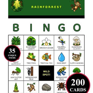 Attività didattica sulla foresta pluviale, gioco del bingo naturalistico nella giungla, 200 carte stampabili in PDF a tema tropicale per la classe, lezione di geografia per bambini a scuola