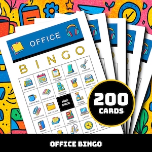Pode incluir: Um conjunto de cartelas de bingo de escritório com um fundo colorido. Cada cartela apresenta ícones relacionados ao escritório e o texto "OFFICE BINGO". Um círculo indica que há 200 cartelas. O texto "OFFICE BINGO" está na parte inferior da imagem.