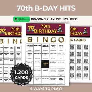 Bingo musicale per il 70° compleanno, stampabile con 1200 cartelle e 100 canzoni, formato 5x5, 3x3, codice QR, Spotify, download immediato, PDF, festa per traguardi importanti, grandi classici.