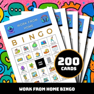 Puede incluir: Un montón de tarjetas de "Bingo de Trabajo desde Casa" con ilustraciones coloridas y el texto "200 Tarjetas". Las tarjetas de bingo presentan iconos relacionados con el trabajo remoto, como una cámara web, auriculares y una taza de café. El fondo es un diseño abstracto vibrante.