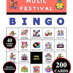 Peut inclure: Une carte de jeu de bingo sur le th&egrave;me du festival de musique, avec des illustrations color&eacute;es. Le texte "Music Festival Bingo", "40 Unique Items", "200 Cards", et "Digital Download" est &eacute;galement pr&eacute;sent.