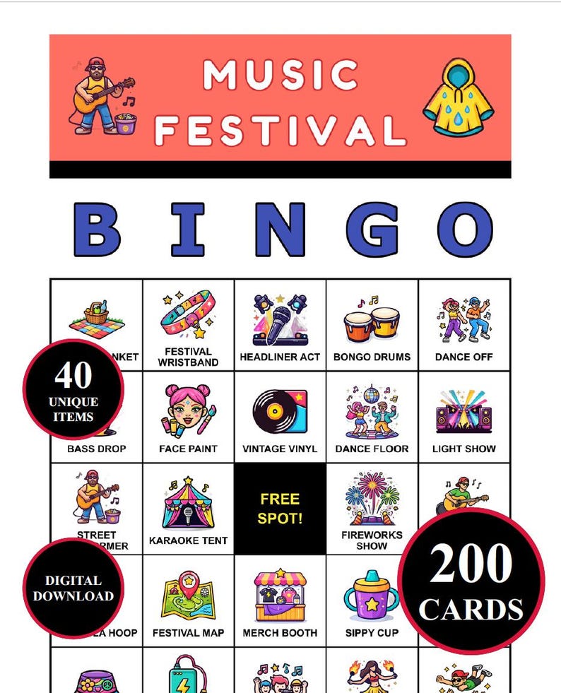 Peut inclure: Une carte de jeu de bingo sur le th&egrave;me du festival de musique, avec des illustrations color&eacute;es. Le texte "Music Festival Bingo", "40 Unique Items", "200 Cards", et "Digital Download" est &eacute;galement pr&eacute;sent.