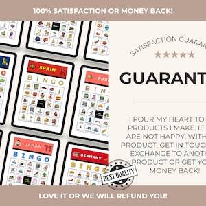 May include: Multiple tablets displaying Bingo games with different country themes, including the US, Spain, and Japan. The games feature colorful illustrations and text. The image also includes text that says "100% Satisfaction or Money Back!" and "Guarantee".