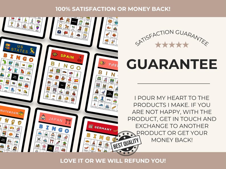 May include: Multiple tablets displaying Bingo games with different country themes, including the US, Spain, and Japan. The games feature colorful illustrations and text. The image also includes text that says "100% Satisfaction or Money Back!" and "Guarantee".