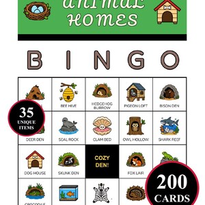 May include: An Animal Homes Bingo game card featuring a green header with the text Animal Homes. The grid displays various animal habitats like a bee hive, hedgehog burrow, and dog house. Two circular red badges state 35 Unique Items and 200 Cards.