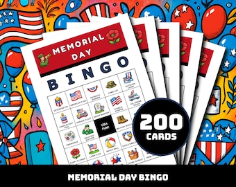 Memorial Day Bingo Spiel - 200 druckbare Karten mit 40 Vaterländischen Motiven | Urlaubsaktivität für Klassenzimmer, Familienspaß, Sommerparadefestival