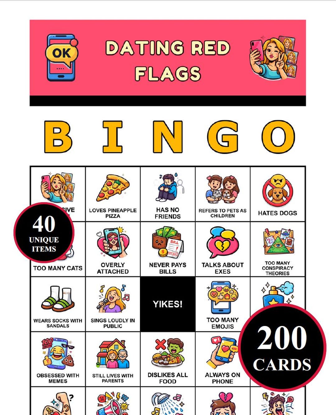 Dating Red Flags Bingo, 200 Printable Cards for Singles Night