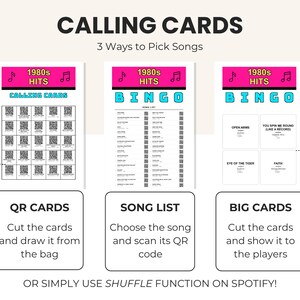 May include: A white game card set with the text "CALLING CARDS" and "1980s HITS." The set includes QR cards, a song list, and big cards, with instructions on how to play. Scissors are shown cutting the cards.