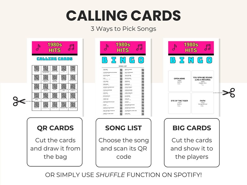 May include: A white game card set with the text "CALLING CARDS" and "1980s HITS." The set includes QR cards, a song list, and big cards, with instructions on how to play. Scissors are shown cutting the cards.