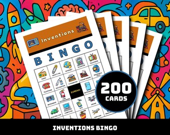 Inventions Bingo Spiel - 200 Druckkarten mit 40 genialen Momenten | Wissenschaft im Klassenzimmer Lernen, Homeschool, Familienspaß & Innovation Studie