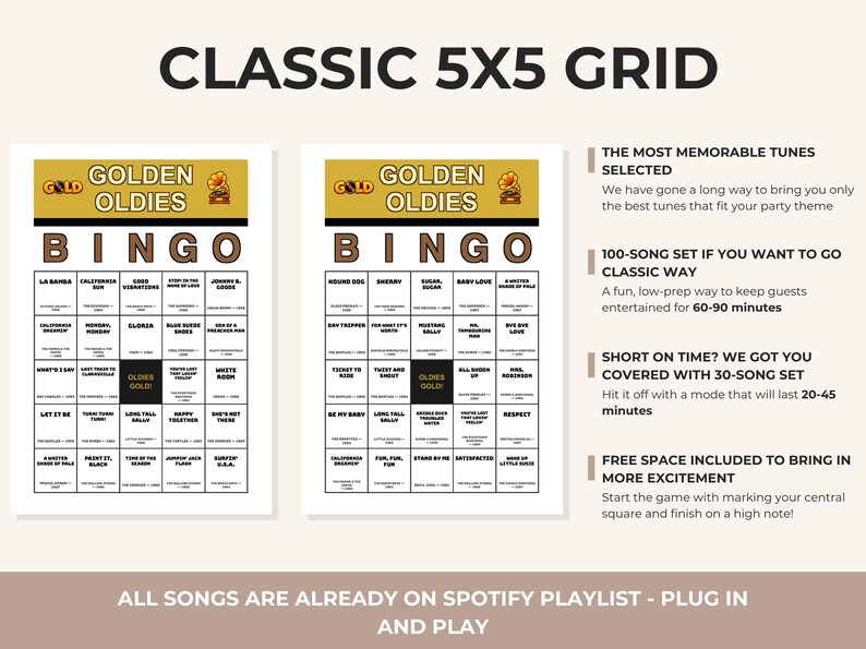 May include: Two Golden Oldies bingo cards featuring a 5x5 grid with song titles and artist names. The cards have a gold header with a gramophone icon and the text GOLDEN OLDIES BINGO. The center square is black with the text OLDIES GOLD.