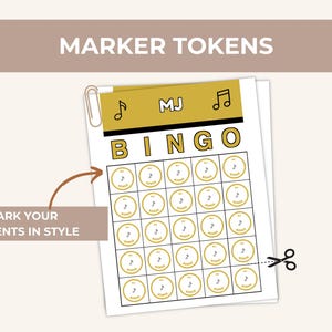 May include: A printable sheet of circular marker tokens for a bingo game. The sheet features a gold header with the text MJ and musical note icons. Below, a grid contains twenty-five circular tokens, each displaying a musical note icon.
