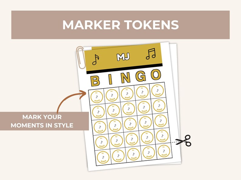 May include: A printable sheet of circular marker tokens for a bingo game. The sheet features a gold header with the text MJ and musical note icons. Below, a grid contains twenty-five circular tokens, each displaying a musical note icon.