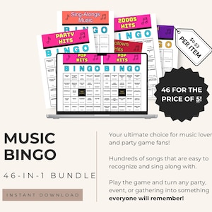May include: A digital music bingo game bundle featuring multiple printable cards with themes like Pop Hits, 2000s Hits, and Sing-Alongs. The display shows a laptop screen with bingo grids, a black starburst graphic with text 46 FOR THE PRICE OF 5!, and a price tag.