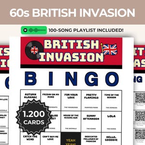 May include: A British Invasion themed bingo game card featuring a red header with the text "BRITISH INVASION," a vinyl record icon, and a Union Jack flag. The grid contains song titles and artist names, a black starburst graphic with "1.200 CARDS," and a Spotify icon.