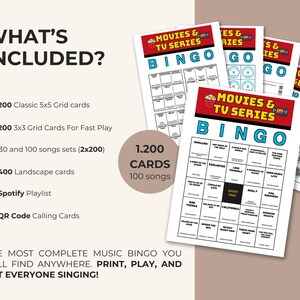 May include: A set of printable Movies & TV Series Bingo cards featuring a 5x5 grid with song titles, a red header with popcorn and film reel icons, and a list of included items like 200 classic cards, 200 fast play cards, and QR code calling cards.